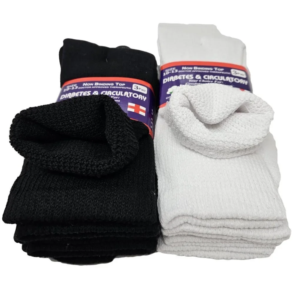 Bundle of 6 Pairs of Diabetic Socks, Black and White, Size 10-13